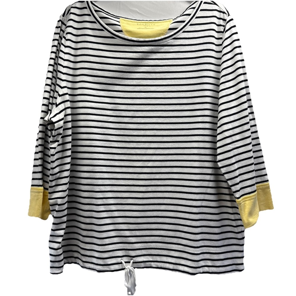 Talbots Women Top Size XL White Black Yellow Stripe Pullover Cotton 3/4 Sleeves